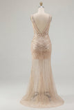 Robe de bal dorée à col en V avec paillettes et sirène