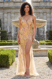 Robe de bal de bal scintillante dorée à bretelles fines avec fente