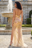 Robe de bal de bal scintillante dorée à bretelles fines avec fente