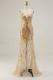 Robe de bal de bal scintillante dorée à bretelles fines avec fente
