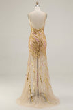 Robe de bal de bal scintillante dorée à bretelles fines avec fente