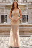 Robe de bal dorée à col en V transparente en sirène à sequins