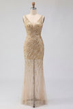 Robe de bal dorée à col en V transparente en sirène à sequins