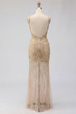 Robe de bal dorée à col en V transparente en sirène à sequins