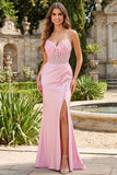 Robe de bal de bal en corset sirène rose à fentes