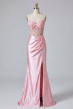 Robe de bal de bal en corset sirène rose à fentes