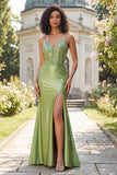 Robe de bal de promo sirène appliquée verte avec fente