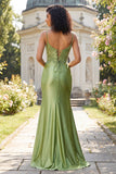 Robe de bal de promo sirène appliquée verte avec fente