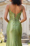 Robe de bal de promo sirène appliquée verte avec fente