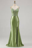 Robe de bal de promo sirène appliquée verte avec fente