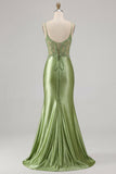 Robe de bal de promo sirène appliquée verte avec fente