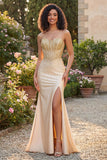Sweetheart Champagne Corset Sirène perlée Longue robe de bal avec fente