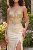 Sweetheart Champagne Corset Sirène perlée Longue robe de bal avec fente