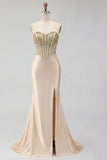 Sweetheart Champagne Corset Sirène perlée Longue robe de bal avec fente