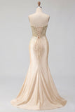 Sweetheart Champagne Corset Sirène perlée Longue robe de bal avec fente