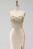 Sweetheart Champagne Corset Sirène perlée Longue robe de bal avec fente