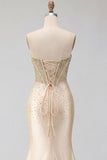 Sweetheart Champagne Corset Sirène perlée Longue robe de bal avec fente