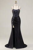 Corset de sirène à perles noires, longue robe de bal à fentes