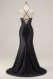 Corset de sirène à perles noires, longue robe de bal à fentes