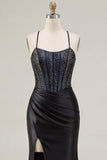 Corset de sirène à perles noires, longue robe de bal à fentes