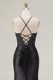 Corset de sirène à perles noires, longue robe de bal à fentes