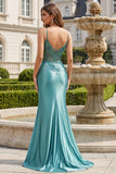Robe de bal longue à corset sirène bleue appliquée avec fente