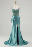 Robe de bal longue à corset sirène bleue appliquée avec fente