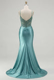 Robe de bal longue à corset sirène bleue appliquée avec fente