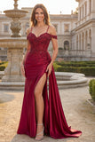 Robe longue de bal de bal à paillettes à épaules froides bordeaux