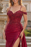 Robe longue de bal de bal à paillettes à épaules froides bordeaux
