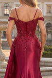 Robe longue de bal de bal à paillettes à épaules froides bordeaux