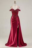 Robe longue de bal de bal à paillettes à épaules froides bordeaux
