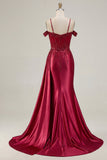 Robe longue de bal de bal à paillettes à épaules froides bordeaux