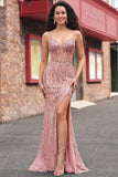 Robe de bal de bal en corset sirène à paillettes avec fente