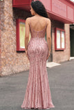 Robe de bal de bal en corset sirène à paillettes avec fente