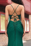 Robe de soirée longue sirène vert foncé appliquée avec fente