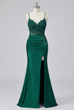 Robe de soirée longue sirène vert foncé appliquée avec fente