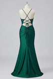 Robe de soirée longue sirène vert foncé appliquée avec fente