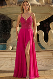 Rose A Line Lace Back Back Spaghetti Straps longue robe de bal avec fente
