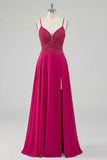 Rose A Line Lace Back Back Spaghetti Straps longue robe de bal avec fente