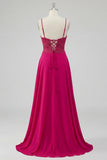 Rose A Line Lace Back Back Spaghetti Straps longue robe de bal avec fente