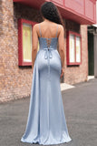 Corset bleu poussiéreux en dentelle de sirène dans le dos, longue robe de bal avec fente