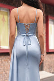 Corset bleu poussiéreux en dentelle de sirène dans le dos, longue robe de bal avec fente