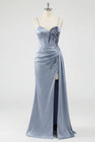 Corset bleu poussiéreux en dentelle de sirène dans le dos, longue robe de bal avec fente