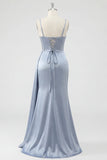 Corset bleu poussiéreux en dentelle de sirène dans le dos, longue robe de bal avec fente