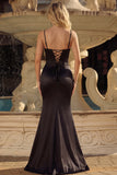 Corset noir perlé, dentelle de sirène dans le dos, longue robe de bal avec fente