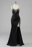 Corset noir perlé, dentelle de sirène dans le dos, longue robe de bal avec fente