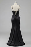 Corset noir perlé, dentelle de sirène dans le dos, longue robe de bal avec fente