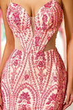 Robe longue de bal en sirène rose perlée