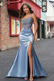 Robe de bal de bal en corset perlé gris-bleu